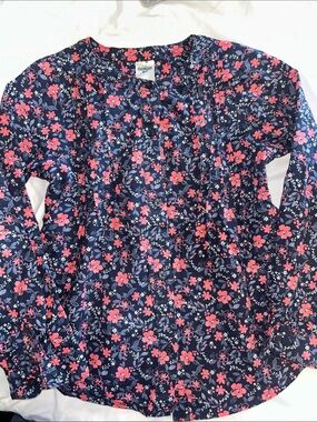 OshKosh B'gosh Navy Floral Button-Front Long Sleeve Top with Pink Flowers